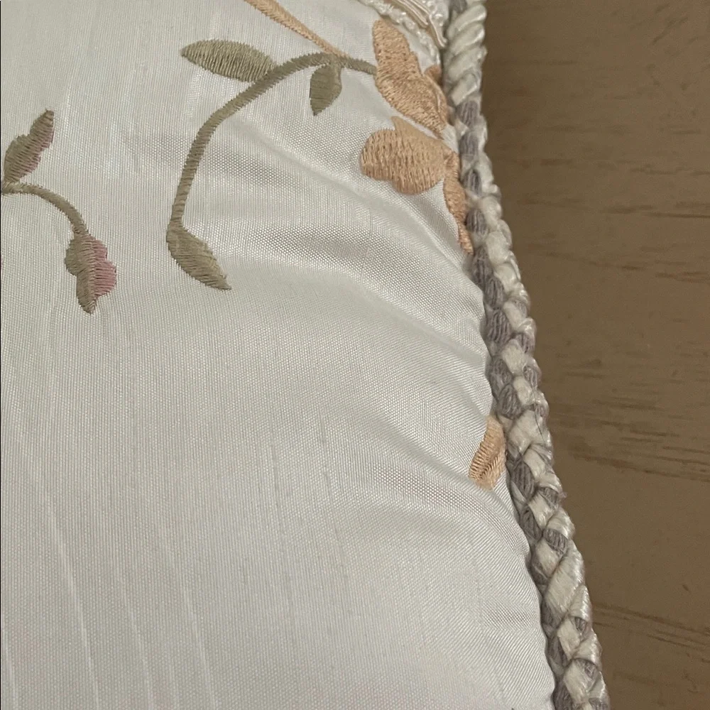 Ivory Embroidered Floral Lumbar Pillow 17x11 Quilted Satin Decorative Accent